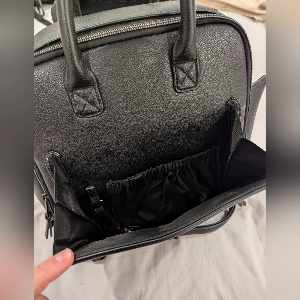 Compact Black Leather Baby Bag with Dual Handles